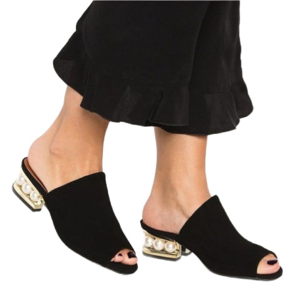 Jeffrey Campbell Black Suede Slides With Large Pearl Accent Size 8.5 NWOT